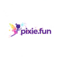 design a modern, playful logo for a digital product website called pixie.fun. include a small, cute pixie character or magical wand with sparkling effects. use a friendly, rounded sans serif font